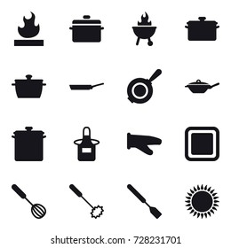 16 vector icon set : pan, bbq, apron, cook glove, cutting board, whisk, spatula