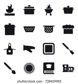 16 vector icon set : pan, bbq, kolander, colander, chef  hat, apron, cook glove, cutting board, spatula, big spoon