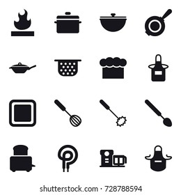 16 vector icon set : pan, cauldron, colander, chef  hat, apron, cutting board, whisk, big spoon