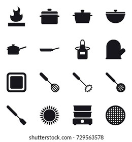 16 vector icon set : pan, cauldron, saute pan, apron, cook glove, cutting board, whisk, skimmer, spatula