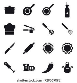 16 vector icon set : pan, cook hat, garlic clasp, whisk, big fork, knife, rolling pin, hot pepper, apron