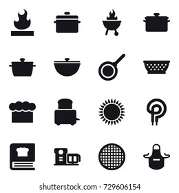 16 vector icon set : pan, bbq, cauldron, kolander, chef  hat, apron