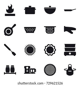 16 vector icon set : pan, cauldron, colander, cook glove, spatula, apron