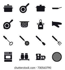 16 vector icon set : pan, colander, apron, cook glove, whisk, skimmer, spatula, big fork