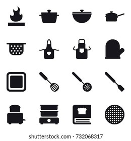 16 vector icon set : pan, cauldron, saute pan, colander, apron, cook glove, cutting board, whisk, skimmer, spatula