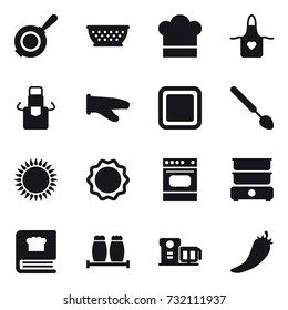 16 vector icon set : pan, kolander, cook hat, apron, cook glove, cutting board, big spoon, hot pepper