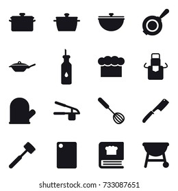 16 vector icon set : pan, cauldron, chef  hat, apron, cook glove, garlic clasp, whisk, chef knife, meat hammer, cutting board