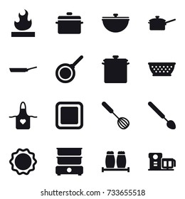 16 vector icon set : pan, cauldron, saute pan, kolander, apron, cutting board, whisk, big spoon