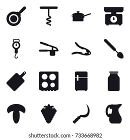 16 vector icon set : pan, corkscrew, saute pan, kitchen scales, handle scales, garlic clasp, walnut crack, big spoon, cutting board, berry, sickle, jug
