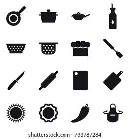 16 vector icon set : pan, kolander, colander, chef  hat, spatula, knife, rolling pin, cutting board, hot pepper, apron