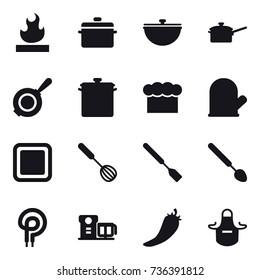 16 vector icon set : pan, cauldron, saute pan, chef  hat, cook glove, cutting board, whisk, spatula, big spoon, hot pepper, apron
