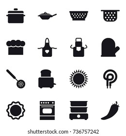 16 vector icon set : pan, kolander, colander, chef  hat, apron, cook glove, skimmer, hot pepper