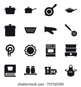 16 vector icon set : pan, saute pan, kolander, cook glove, skimmer, apron