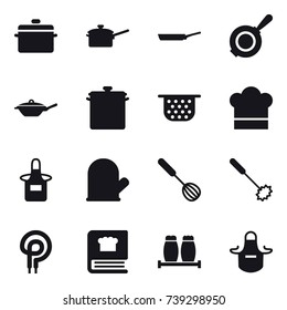 16 vector icon set : pan, saute pan, colander, cook hat, apron, cook glove, whisk