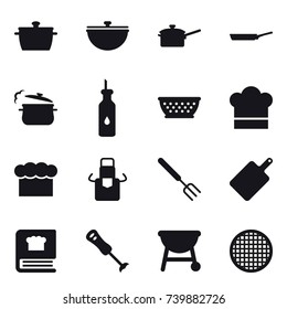16 vector icon set : pan, cauldron, saute pan, steam pan, kolander, cook hat, chef  hat, apron, big fork, cutting board