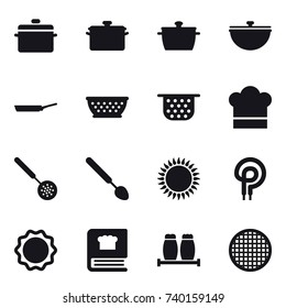 16 vector icon set : pan, cauldron, kolander, colander, cook hat, skimmer, big spoon