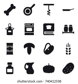 16 vector icon set : pan, corkscrew, apron, spikelets, pills bottle, jug, pumpkin, potato