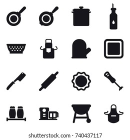 16 vector icon set : pan, kolander, apron, cook glove, cutting board, chef knife, rolling pin