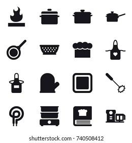 16 vector icon set : pan, saute pan, kolander, chef  hat, apron, cook glove, cutting board, whisk
