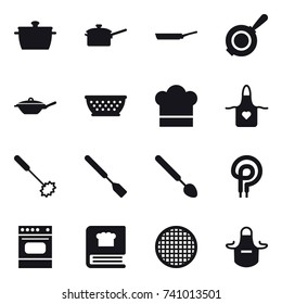 16 vector icon set : pan, saute pan, kolander, cook hat, apron, whisk, spatula, big spoon