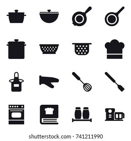 16 vector icon set : pan, cauldron, kolander, colander, cook hat, apron, cook glove, whisk, spatula