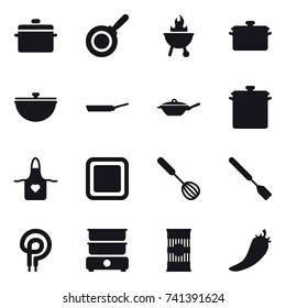 16 vector icon set : pan, bbq, cauldron, apron, cutting board, whisk, spatula, hot pepper