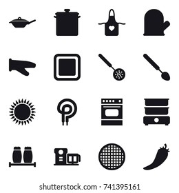 16 vector icon set : pan, apron, cook glove, cutting board, skimmer, big spoon, hot pepper