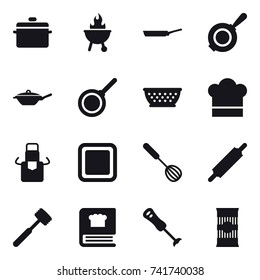 16 vector icon set : pan, bbq, kolander, cook hat, apron, cutting board, whisk, rolling pin, meat hammer