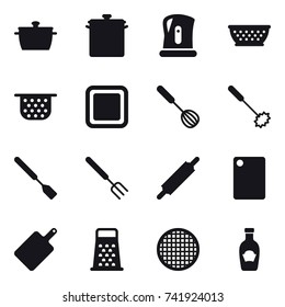 16 vector icon set : pan, kettle, kolander, colander, cutting board, whisk, spatula, big fork, rolling pin