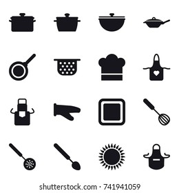 16 Vector Icon Set : Pan, Cauldron, Colander, Cook Hat, Apron, Cook Glove, Cutting Board, Whisk, Skimmer, Big Spoon