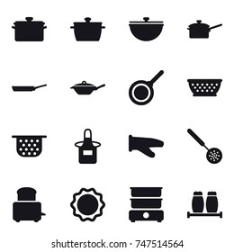 16 vector icon set : pan, cauldron, saute pan, kolander, colander, apron, cook glove, skimmer