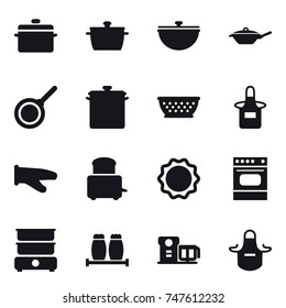16 vector icon set : pan, cauldron, kolander, apron, cook glove
