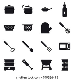 16 vector icon set : pan, steam pan, kolander, colander, cook glove, whisk, big spoon, big fork