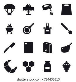 16 vector icon set : parachute, restaurant, mixer, cutting board, bbq, pan, apron, big spoon, chef knife, honeycombs, flour, grape