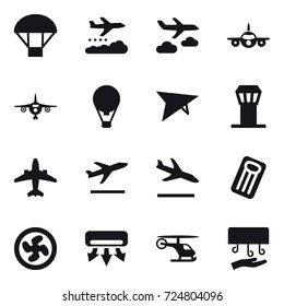 16 vector icon set : parachute, weather management, journey, plane, air ballon, deltaplane, airport tower, airplane, departure, arrival, inflatable mattress, cooler fan, air conditioning, hand dryer