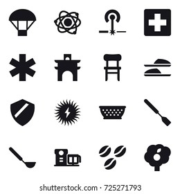 16 vector icon set : parachute, atom, laser, arch, chair, slippers, kolander, spatula, ladle, coffee seeds, garden