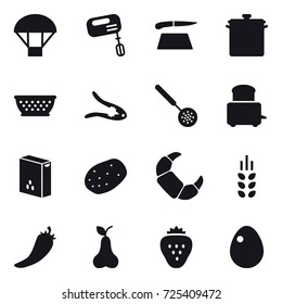 16 vector icon set : parachute, mixer, cutting board, pan, kolander, walnut crack, skimmer, spikelets, hot pepper, pear, strawberry, egg