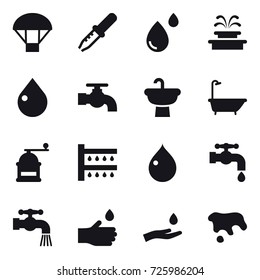 16 vector icon set : parachute, fountain, drop, water tap, bath, hand mill, watering, hand drop, hand and drop, spot