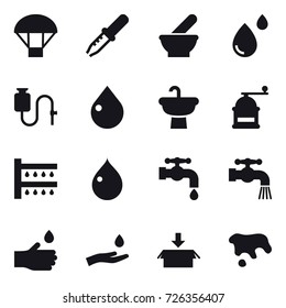 16 vector icon set : parachute, drop, hand mill, watering, water tap, hand drop, hand and drop, package, spot