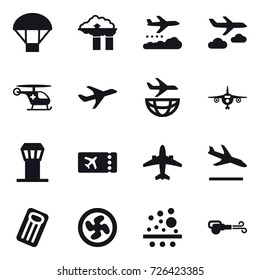 16 vector icon set : parachute, factory filter, weather management, journey, plane, airport tower, ticket, airplane, arrival, inflatable mattress, cooler fan, blower