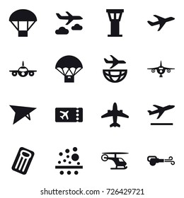 16 vector icon set : parachute, journey, airport tower, plane, deltaplane, ticket, airplane, departure, inflatable mattress, blower