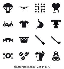 16 vector icon set : parachute, drone, chip, cardio chip, sale, t-shirt, column, bridge, colander, spatula, ladle, coffee seeds, gloves, cleaner