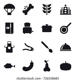 16 vector icon set : parachute, hotel, fridge, toaster, pan, apron, walnut crack, big spoon, eggplant, pear, pumpkin