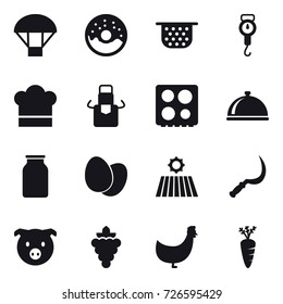 16 vector icon set : parachute, donut, colander, handle scales, cook hat, apron, field, sickle, pig, grape, chicken, carrot