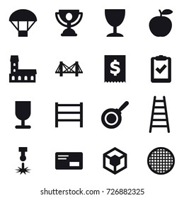 16 vector icon set : parachute, trophy, wineglass, mansion, bridge, pan, stairs