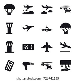 16 vector icon set : parachute, weather management, journey, airport tower, ticket, airplane, arrival, inflatable mattress, hair dryer, hand dryer