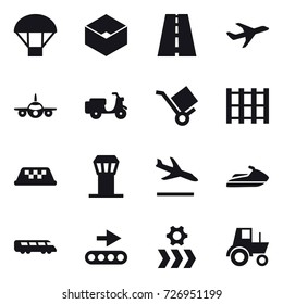 16 vector icon set : parachute, box, taxi, airport tower, arrival, jet ski, tractor