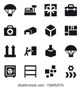 16 vector icon set : parachute, cashbox, gift, warehouse, 3d, safe, rack