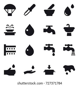 16 vector icon set : parachute, fountain, drop, water tap, watering, hand drop, hand and drop, package, spot