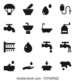 16 vector icon set : parachute, water tap, bath, hand mill, watering, drop, hand drop, hand and drop, package, spot